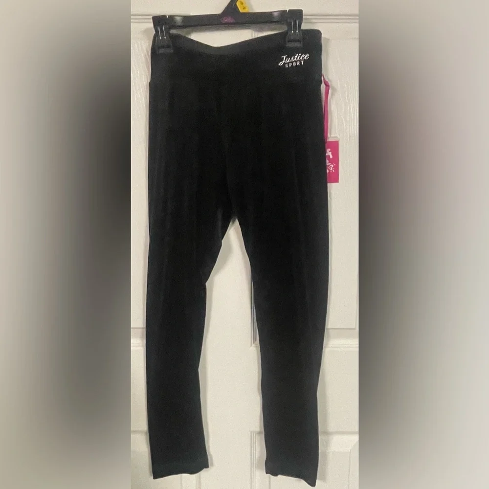 NWT Justice Sport Black Velvet‎ Leggings Girls L 12/14 High Rise Stretch Pants